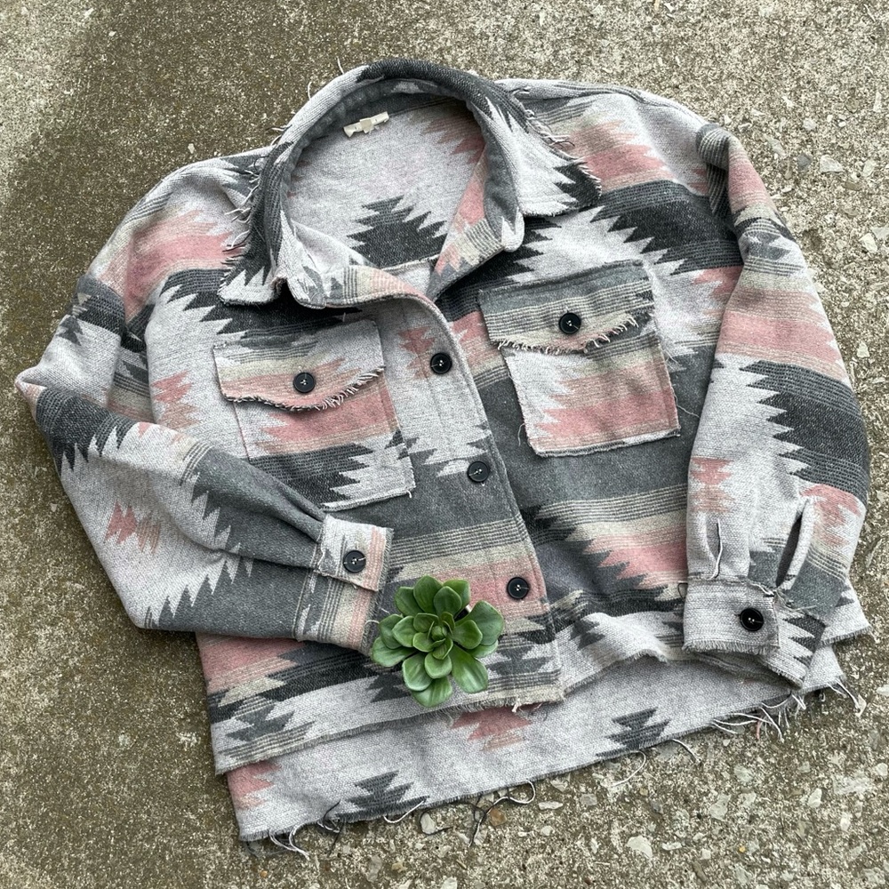La Miel | Aztec Oversized Raw Frayed Hem Jacket - Picture 1 of 9